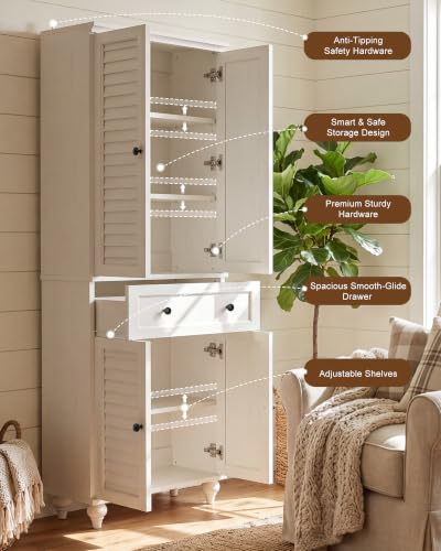 80" Tall Storage Cabinet with Louvered Doors and Adjustable Shelves, Farmhouse Kitchen Pantry Cabinet, Freestanding Storage for Dining Room, Living Room, Home Office, Bathroom, Rustic White