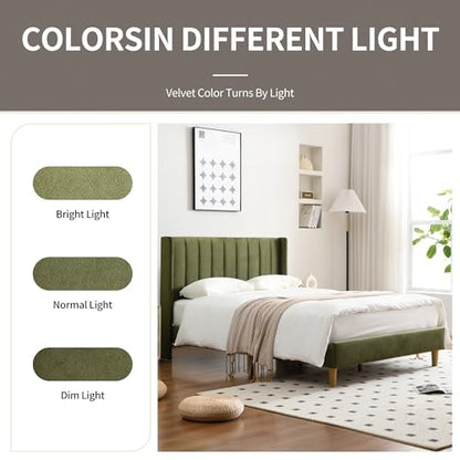 Queen Bed Frame，Platform Bed with Upholstered Headboard，GrassGreen, view 7