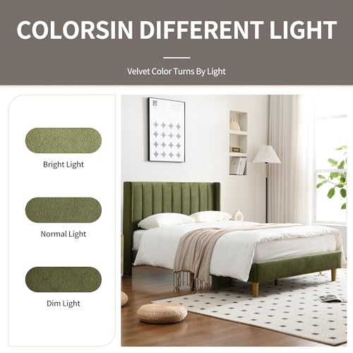 Full Bed Frame，Platform Bed with Upholstered Headboard，Grass Green, view 7