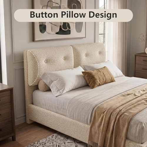 Bed Frame Queen Size, Boucle Upholstered Bed Frame with Headboard, view 6