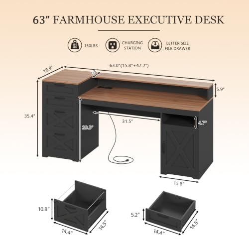 63" Farmhouse Computer Desk with 4 Drawers for Home Office, Bedroom, view 3