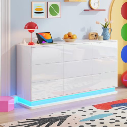 High-Gloss 9 Drawers Dresser with Charging Station & LED Lights,White, view 5
