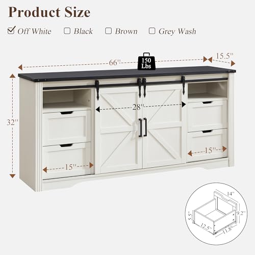66“TV Stand, 32" Tall Entertainment Center w/4 Drawers & Sliding Barn Door, view 3