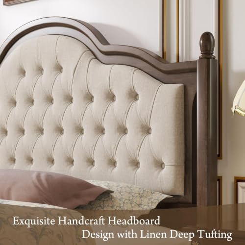 Luxury Queen Size Bed Frame with Upholstered Tufted Headboard,Walnut, view 5