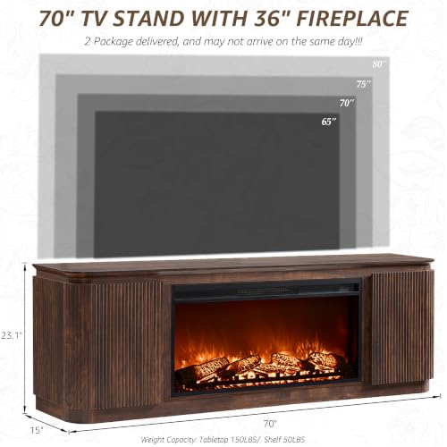 70" Fluted TV Stand with 36" Electric Fireplace, Dark Walnut Oak, view 4