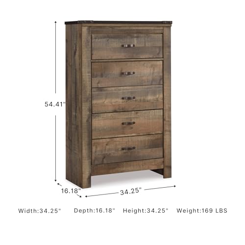 Signature Design by Ashley Trinell Rustic 5 Drawer Chest of Drawers with Nailhead Trim, Warm Brown