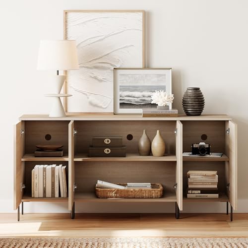 3 Pieces Bedroom Set, Fluted Storage Cabinet and Set of 2 Night Stands with Charging Station for Bedroom, Wood Dresser and Nightstand Set of 2, Wide Storage Organizer Cabinet for Bedroom, Beige
