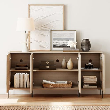 3 Pieces Bedroom Set, Fluted Storage Cabinet and Set of 2 Night Stands with Charging Station for Bedroom, Wood Dresser and Nightstand Set of 2, Wide Storage Organizer Cabinet for Bedroom, Beige