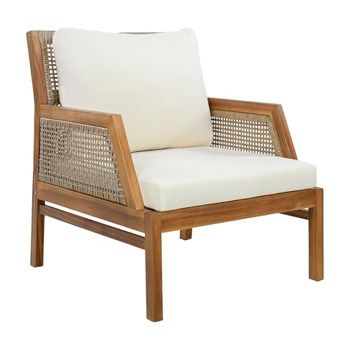 Zura Set of 2 Bohemian Acacia Wood Patio Accent Chair, Lounge Chair Outdoor Set with Wicker Accent, Patio Furniture Single Sofa with Water-Repellent Cushions, Teak+Beige