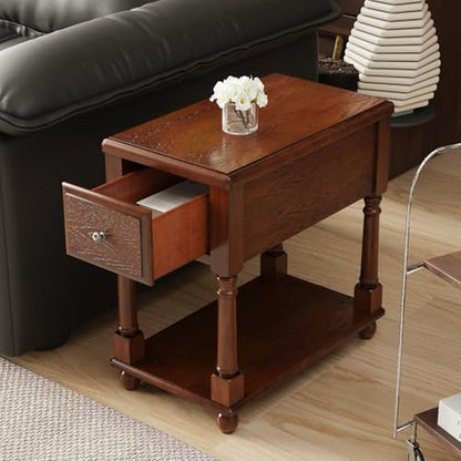 Narrow End SideTable with Drawer and Storage Shelf, Solid Wood Sofa Tables, Slim Beside Table- Telephone for Small Spaces, Living Room, 22"L x 13"W x 22.7"H No-tools Assembly Dark Walnut BBJ004DWA