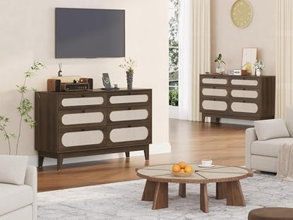 Rattan 6-Drawer Storage Dresser with USB Ports and Power Outlets, Wooden Chest for Bedroom and Living Room, Natural Oak Finish