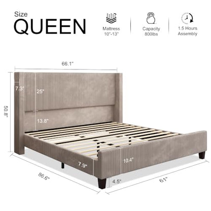 Queen Size Bed Frame with 50.8 Inch Corduroy Wingback Headboard, Taupe, view 3