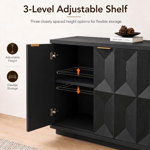 118" Sideboard Buffet Cabinet with 3D Geometric Doors, Long Credenza, view 6