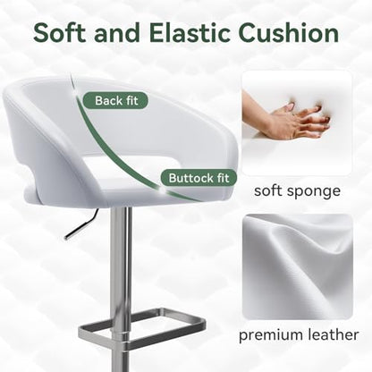 Adjustable Bar Stool with Hollow Back and Arms, Modern PU Leather Swivel Barstool, Airlift Counter Height Bar Chair for Kitchen Dining Room (Pearl White)