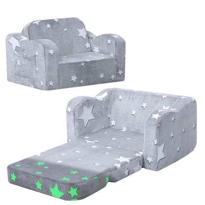 Glowing Star Kids Chair, 2-in-1 Foldable Kids Couch with Glow-in-the-Dark Star Design, Soft Foam Fold Out Lounger for Playroom and Reading, Washable Cover, Gift for Boys and Girls