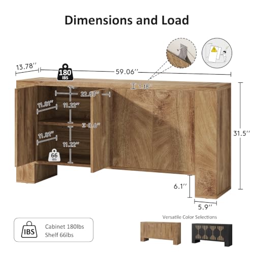 59" Sideboard Buffet Cabinet with Adjustable Shelves, Oak, view 3