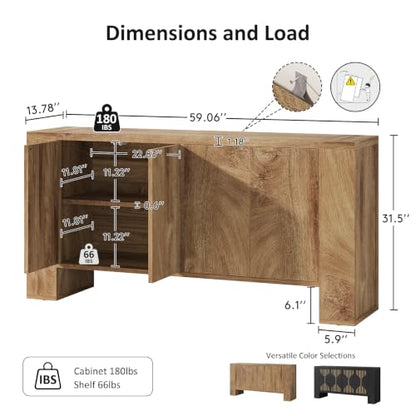 59" Sideboard Buffet Cabinet with Adjustable Shelves, Oak, view 3