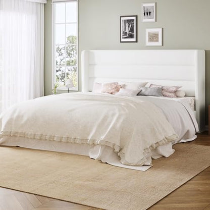 Queen Wood Bed Frame with Velvet Headboard, Storage, Strong Slats, White, view 2