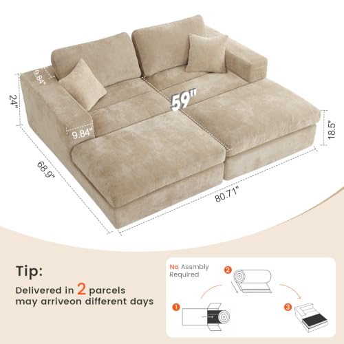 81" Oversized Double Chaise Lounge, Cloud Boneless Sofa Bed, Khaki, view 3