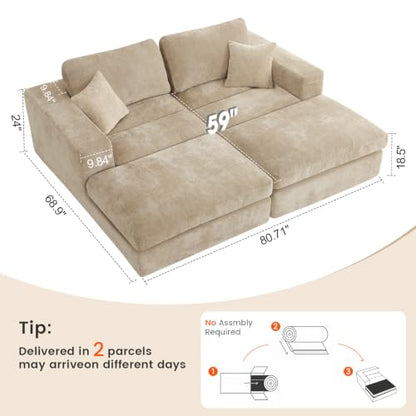 81" Oversized Double Chaise Lounge, Cloud Boneless Sofa Bed, Khaki, view 3
