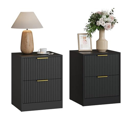 3-Piece Modern Bedroom Furniture Set, Wide 6-Drawer Dresser & 2-Drawer Nightstands Set of 2, Natural Wood Dresser and Nightstand Sets for Bedroom, Hallway, Black