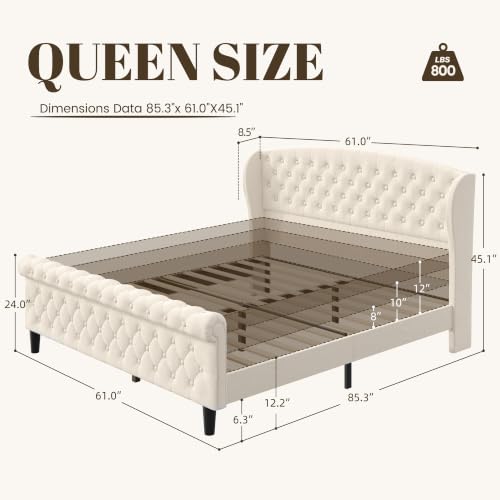 Queen Velvet Sleigh Bed Light Beige, view 3
