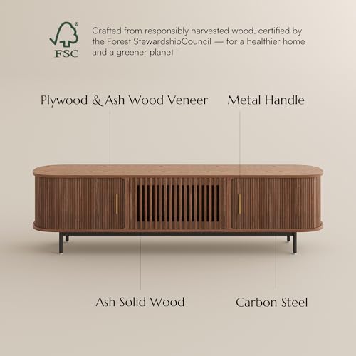 78.74" Wood Fully-Assembled Sliding Tambour Door TV Stand, Walnut, view 6