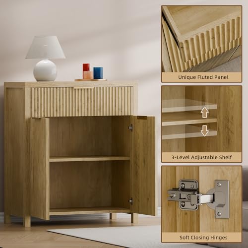 Storage Cabinet Fluted Sideboard Buffet Cabinet with Adjustable Shelves & Quality Wooden Tabletop, Modern Accent Credenza Media Console for Living Room, Entryway, Hallway, Natural Oak