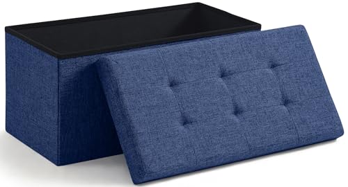 Folding Storage Ottoman, 30 Inch Large Storage Bench with Lid, Foot Rest Stool for Bedroom, Living Room, Entryway, Tufted Linen Upholstered - Navy Blue