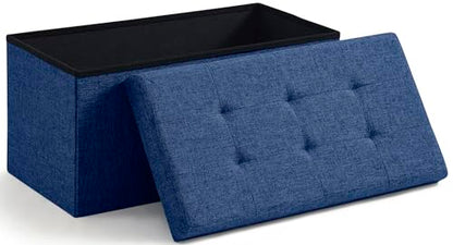 Folding Storage Ottoman, 30 Inch Large Storage Bench with Lid, Foot Rest Stool for Bedroom, Living Room, Entryway, Tufted Linen Upholstered - Navy Blue