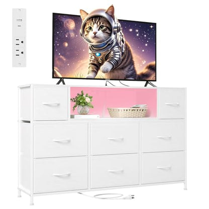 White TV Stand, Dresser for Bedroom for 55 inch TV with Charging Station and LED Lights, Media Console Table with 8 Drawers, Open Shelf, Adjustable Feet,Living Room Furniture