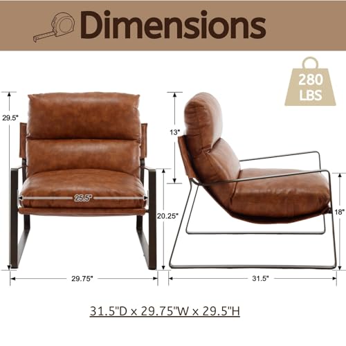 Modern PU Leather Accent Armchair, Upholstered Lounge Chair with Brass Metal Frame Thickened Cushion Comfy Leisure Chair with Lychee Grain for Bedroom Living Room, Brown