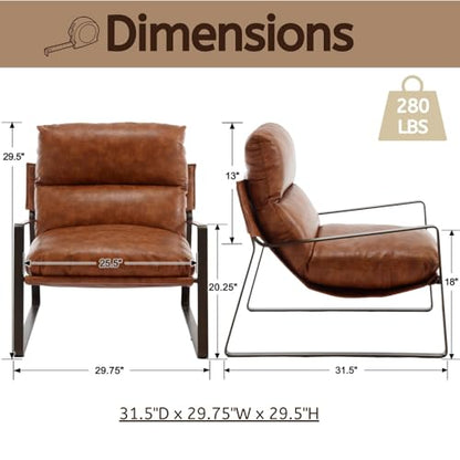 Modern PU Leather Accent Armchair, Upholstered Lounge Chair with Brass Metal Frame Thickened Cushion Comfy Leisure Chair with Lychee Grain for Bedroom Living Room, Brown