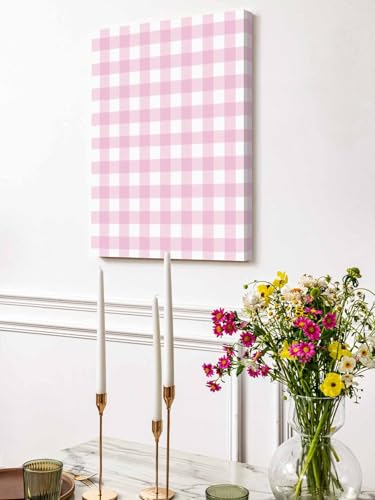 NuYeBiofx Modern Minimalist Checkered Canvas Wall Art Prints,48"x32" Framed Picture Artwork Farmhouse Light Pink Buffalo Plaid Printed Canvas Oil Painting for Living Room Bedroom Office,Ready to Hang