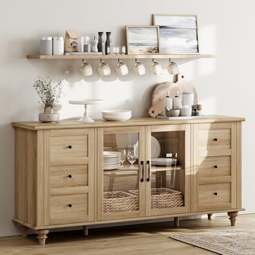 Farmhouse Buffet Cabinet with Glass Door, Wooden Sideboard, Oak, 58”, view 2