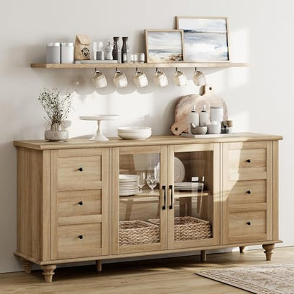 Farmhouse Buffet Cabinet with Glass Door, Wooden Sideboard, Oak, 58”, view 2