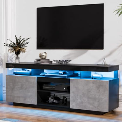 70 Inch LED TV Stand with Power Outlets, Modern Entertainment Center with LED Lights for Living Room, Black Grey Gaming Media Cabinet with Storage, TV Console for 70/65/60/55 inch TVs (64 Inch)