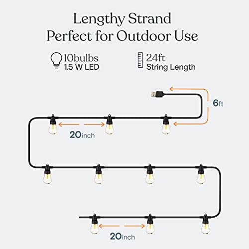 Ambience Pro USB Powered String Lights - 24 Ft Commercial Grade Waterproof String Lights - Outdoor Shatterproof Patio Lights for Camping, Backyard, Porch, Christmas - 1W 12 Bulbs, Warm White