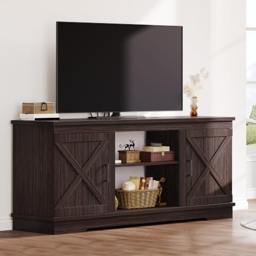 Espresso TV Stand, 2 Barn Doors & Open Shelves, Fits 65" TVs, view 2
