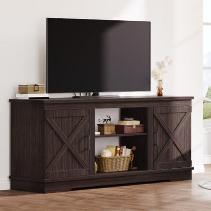 Espresso TV Stand, 2 Barn Doors & Open Shelves, Fits 65" TVs, view 2
