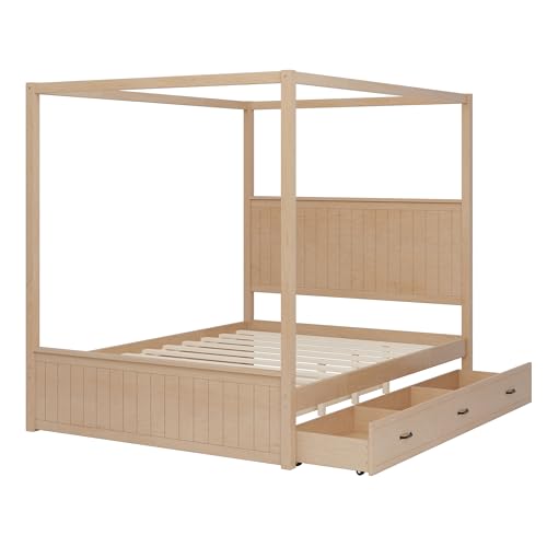 Queen Size Wood Canopy Bed Frame with Trundle & Drawer for Bedroom, Natural, view 7