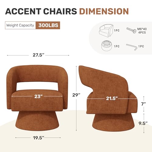 Swivel Accent Chair Set of 2, Modern Comfy Chenille Barrel Chairs, Oversized Upholstered Round Arm Chair for Living Room, Bedroom, Reading Room, Caramel