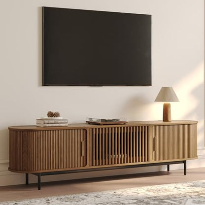 78.74" Wood Fully-Assembled Sliding Tambour Door TV Stand, Walnut, view 2