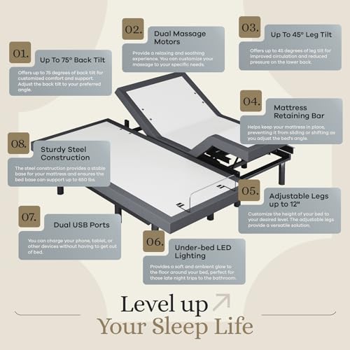 Classic Adjustable Bed Base with Gel Memory Foam, USB Lights, Zero Gravity, view 6