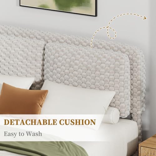 Queen Bed Frame, Upholstered Bed Frame with Headboard, Cream, view 5