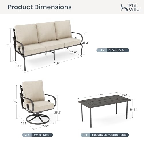 Patio Furniture Set, 3-Seater Sofa, 4 Swivel Chairs and a Coffee Table, Outdoor Metal Conversation Set with 5.75" Extra Thick Cushion for Garden Backyard Deck, Beige
