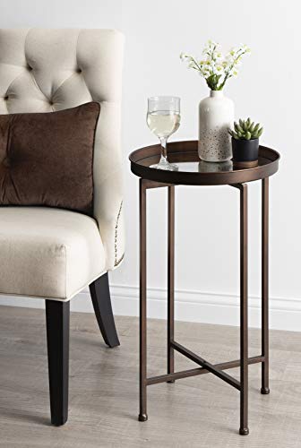 Celia Round Metal Foldable Accent Table with Mirror Tray Top, Bronze