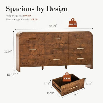 Curved 9-Drawer Dresser for Bedroom, 63" Wide Modern Chest of Drawers, view 3