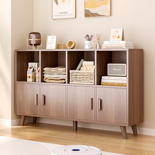 8-Cube Bookcase with Doors, 2-Tier Low Storage Cabient, Walnut, view 2