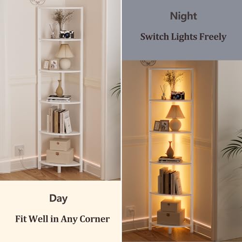6 Tier Corner Shelf with LED Light, 67.5” Tall Standing Shelf Organizer, White Narrow Bookshelf with Storage Rack for Wall Corner, Living Room, Bedroom, Metal Frame, Wood Display Shelf